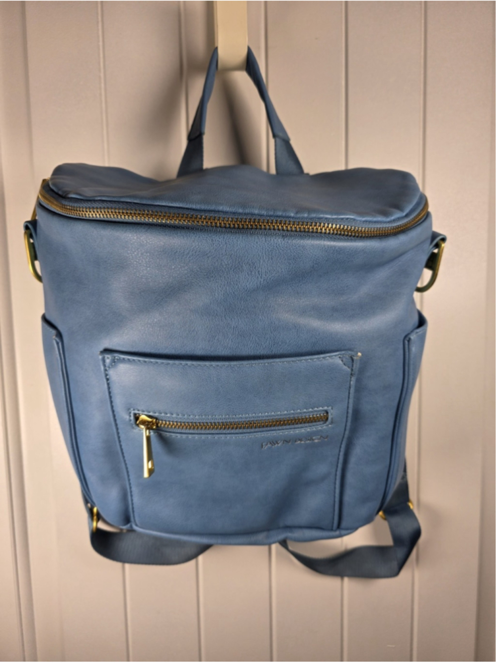 Fawn Design Original Bluebell Diaper Bag Backpack Vegan Leather Blue Gold